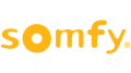 Logo der Marke Somfy in orange Schrift auf hellem Hintergrund.