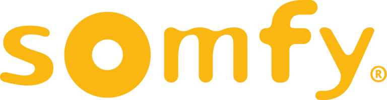 Somfy Logo der Marke Somfy in orange Schrift auf hellem Hintergrund.