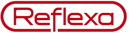Rotes Logo mit dem Schriftzug "Reflexa" in weißer Schrift.