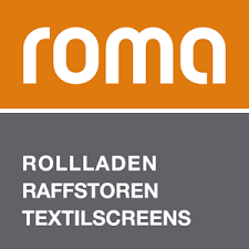 Logo von Roma mit den Produkten Rollläden, Raffstoren und Textilscreens.